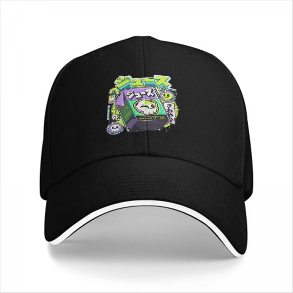 Black baseball cap with neon skull juice box graphic