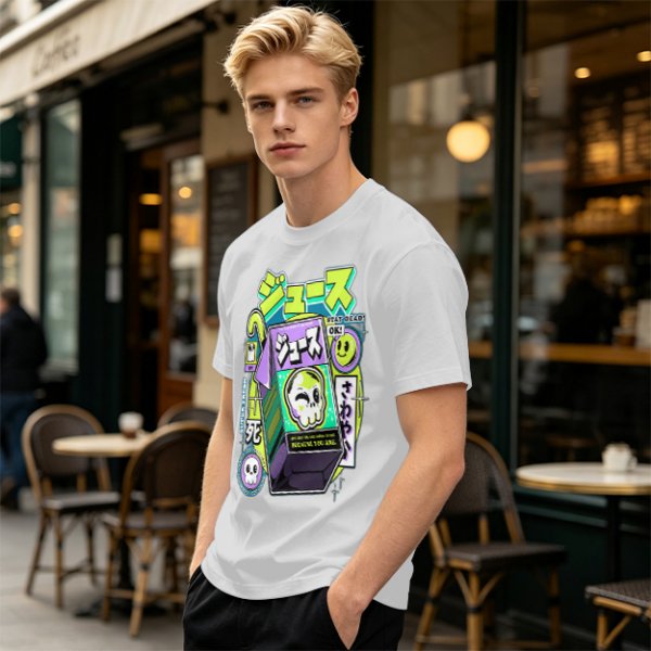 Olive T-shirt with spooky juice box graphic and playful skull art