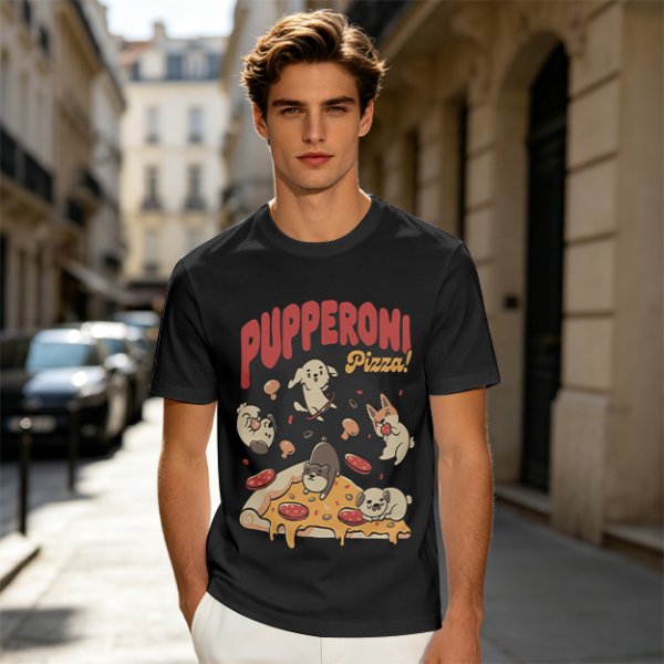 Olive green graphic t-shirt with playful pupperoni pizza dog design
