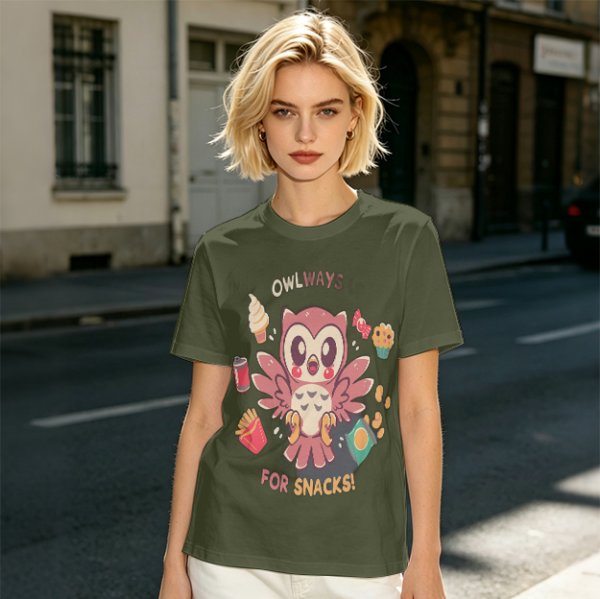 Owlways For Snacks Cute Graphic T-Shirt with Owl and Treats