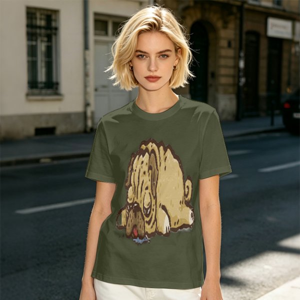 Olive Green T-Shirt With Cartoon Droopy Pug Graphic Print