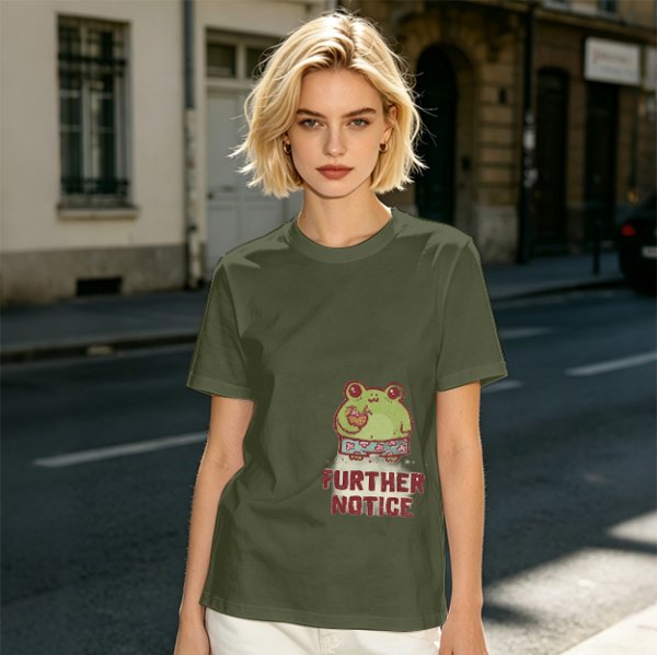 Olive T-Shirt with Cute Frog Graphic and Further Notice Text