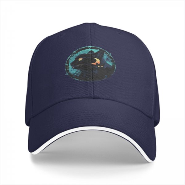 Black Baseball Cap With Mystical Black Cat And Crescent Moon Art