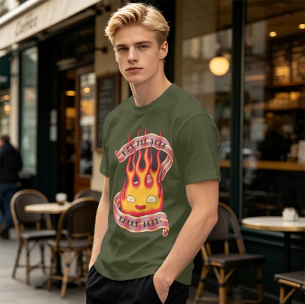 Olive T-Shirt With Calcifire Bacon Fire Graphic Print