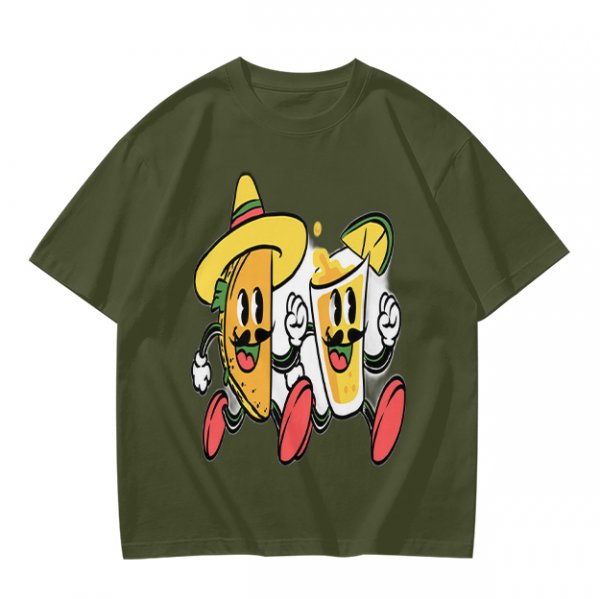 Olive T-Shirt with Cartoon Taco and Beer Graphic