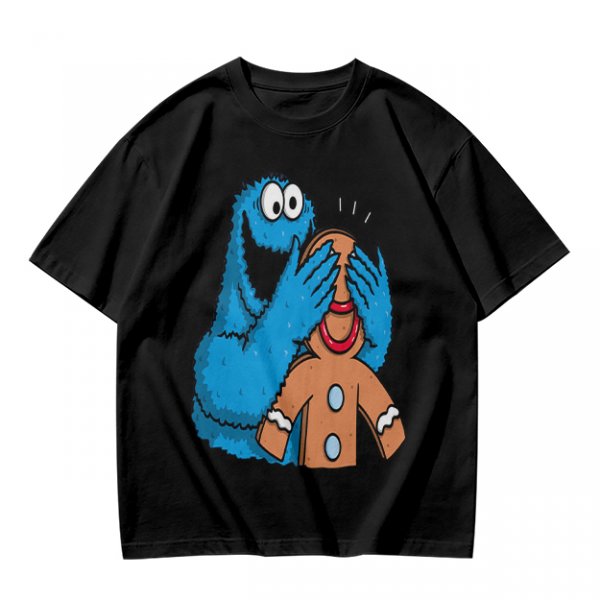 Olive T-shirt with Cookie Monster covering gingerbread man’s eyes