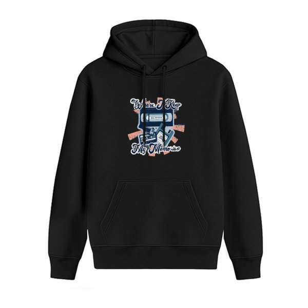 Black hoodie with retro tape graphic and 'Where I Keep My Memories' text