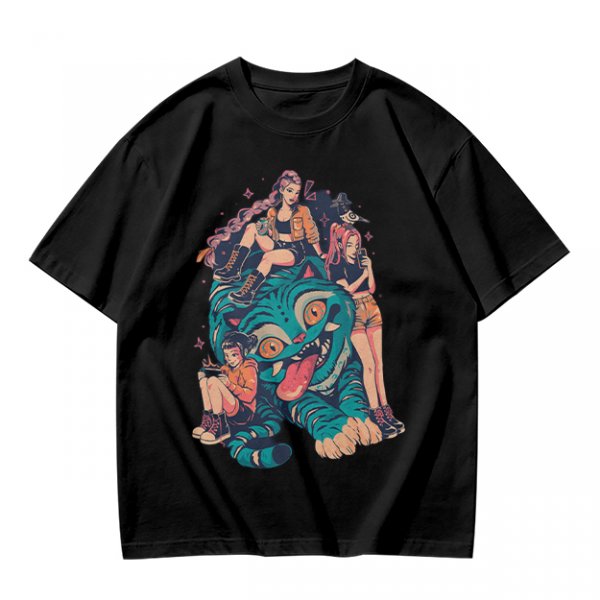 Olive T-Shirt With Girls On A Teal Tiger Graphic Print