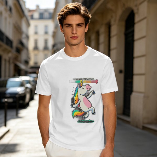 Olive T-shirt with Dancing Rainbow Unicorn Graphic Print