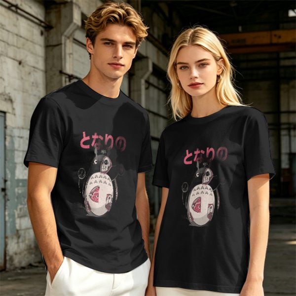 Olive T-shirt with horror stylized Totoro graphic and Japanese text