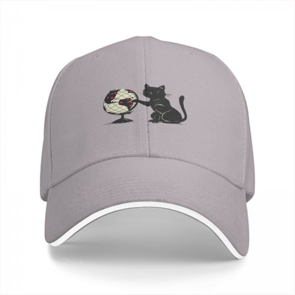 Black Baseball Cap With Cat Reaching For Globe Print