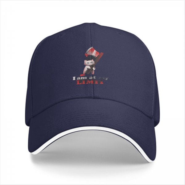 Black baseball cap with 'I am at my LIMIT' and cartoon character print
