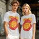 Olive green graphic t-shirt with pizza atom design