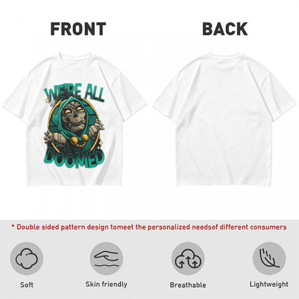 Olive T-Shirt Featuring 'We're All Doomed' and Doom Character Art