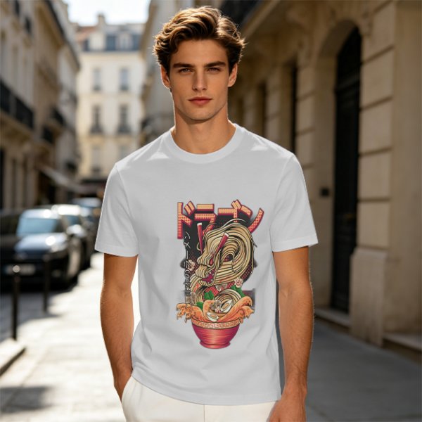 Olive T-Shirt with Japanese Ramen Dragon Graphic Print