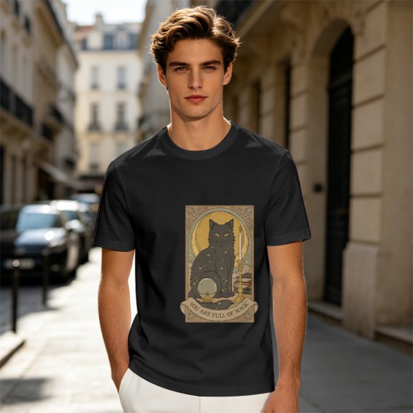 Olive T-Shirt With Black Cat Tarot Card Art That Says You Are Full Of Magic