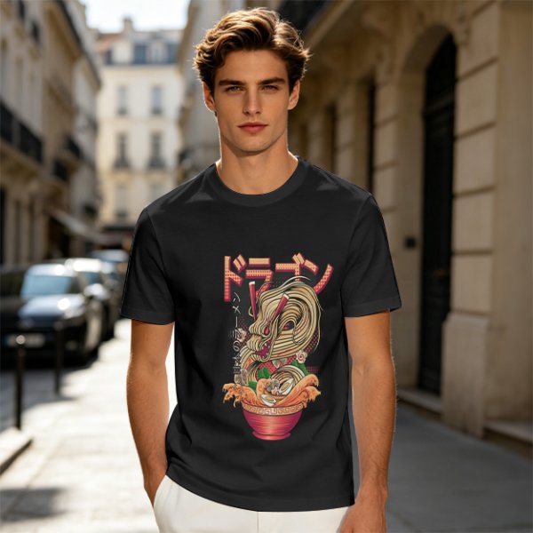Olive T-Shirt with Japanese Ramen Dragon Graphic Print