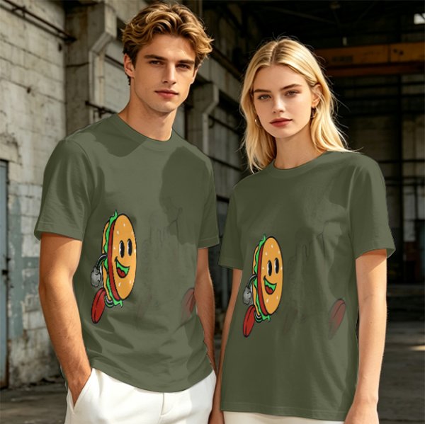 Olive T-Shirt With Cartoon Running Hamburger Character Print