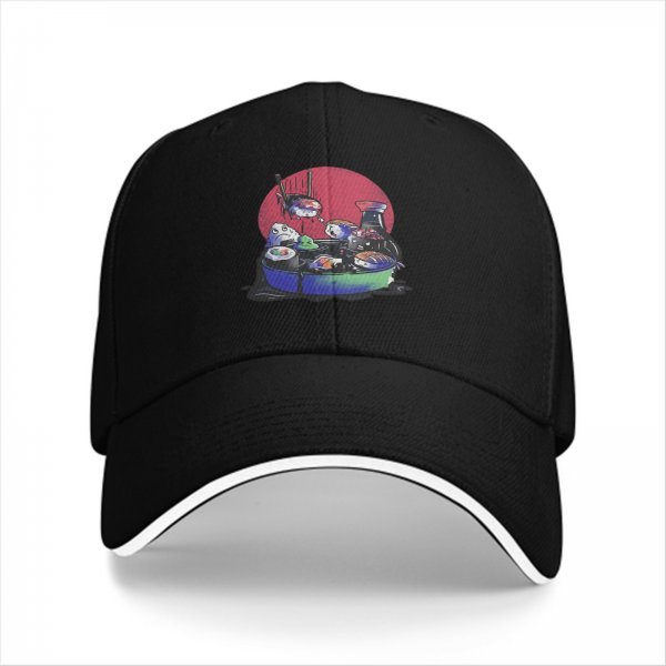 Black Baseball Cap With Playful Sushi Character Art Print