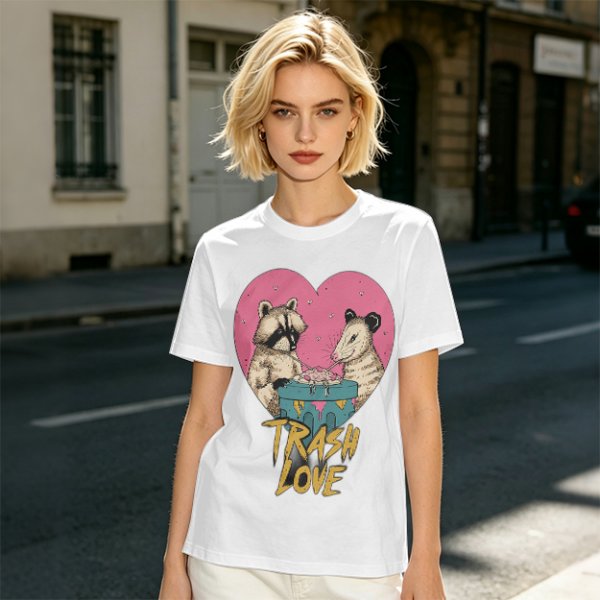 Olive Graphic T-Shirt with Raccoon and Opossum Trash Love Design