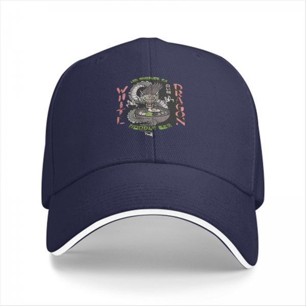 Black baseball cap with White Dragon Noodle Bar graphic design
