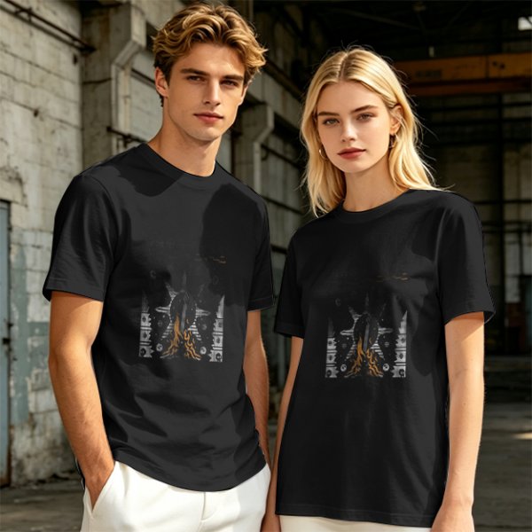 Olive green graphic t-shirt with symmetrical dark and orange artwork