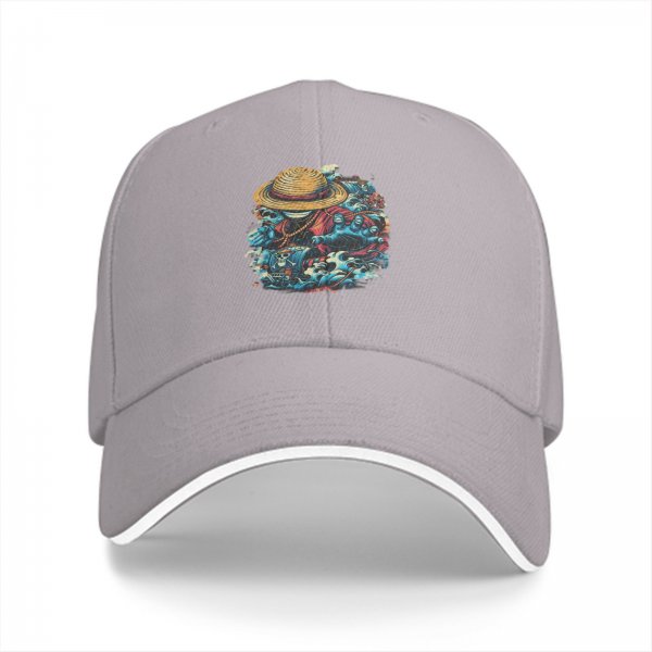 Black Baseball Cap with One Piece Straw Hat Pirate Graphic