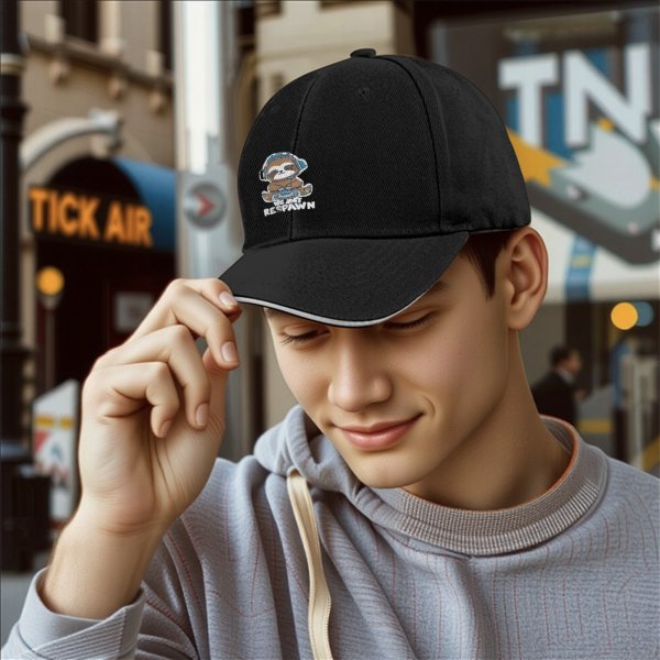 Black baseball cap with gaming sloth 'We Just Respawn' print