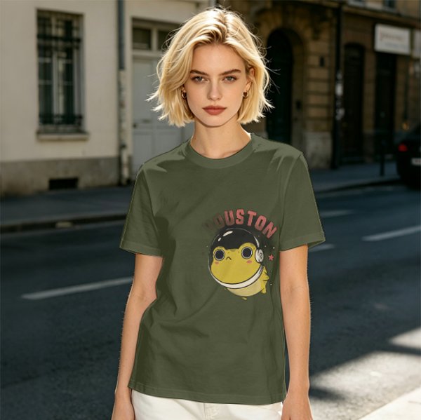 Olive green t-shirt with space frog graphic and Houston text