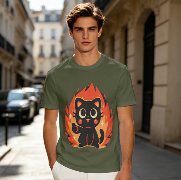 Olive T-Shirt With Cute Black Cat Thumbs Up On Flames Graphic