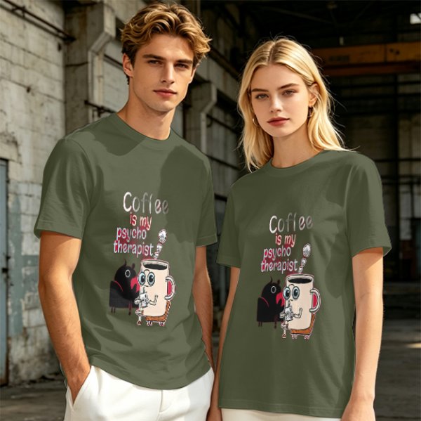 Coffee is my psychotherapist graphic olive t-shirt