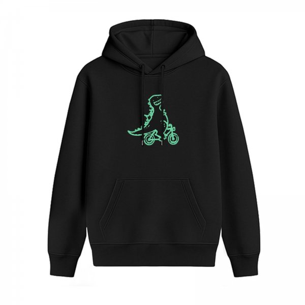 Black hoodie with a dinosaur riding a bicycle graphic