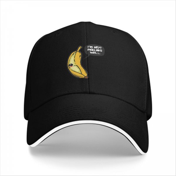 Black baseball cap with sad banana graphic reading I'm not peeling well
