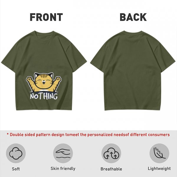 Olive T-Shirt with Happy Raised Paw Cat and 'NOTHING' Print
