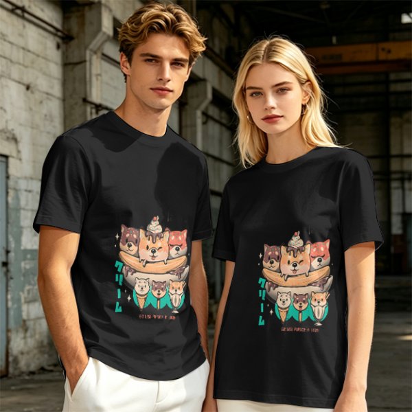 Olive green t-shirt with cute shiba inu ice cream graphic