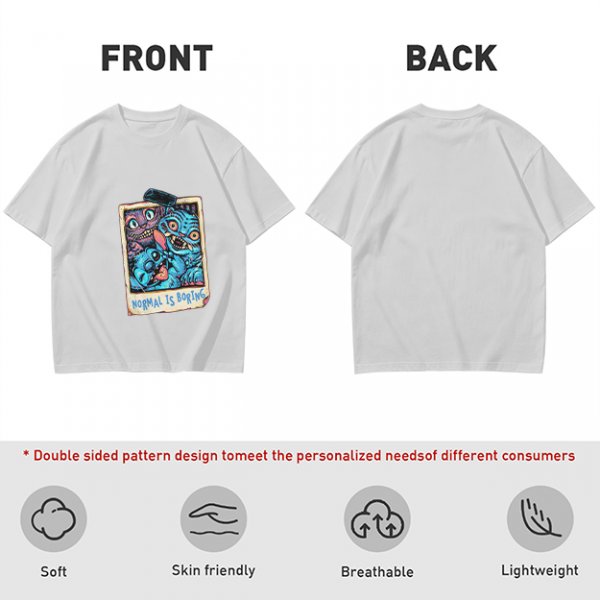 Olive t-shirt with monster polaroid print that says Normal Is Boring