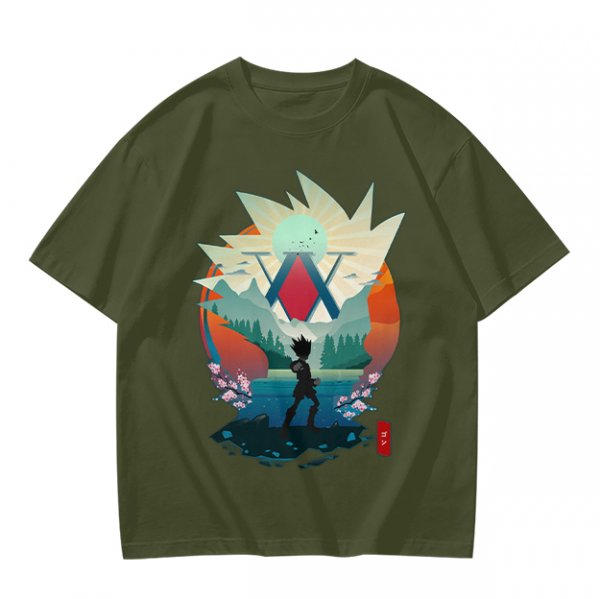 Hunter x Hunter Anime Graphic Tee with Sunset Landscape Art