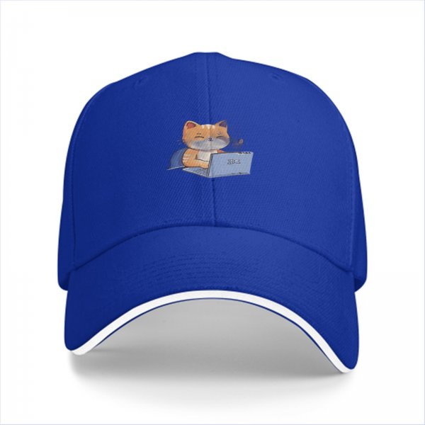 Black baseball cap with a cartoon cat working on a laptop print