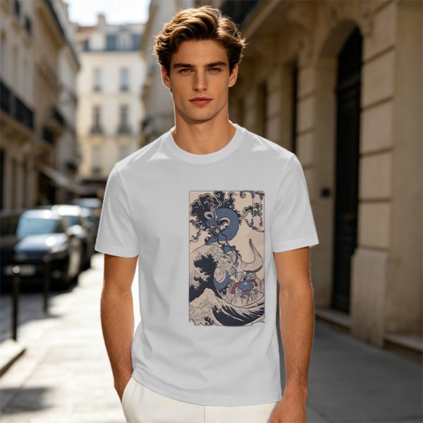 Olive T-Shirt with Japanese Ukiyo-e Dragon and Wave Print