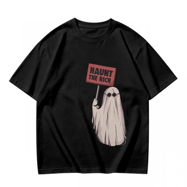 Olive T-Shirt With Ghost Holding 'Haunt The Rich' Protest Sign