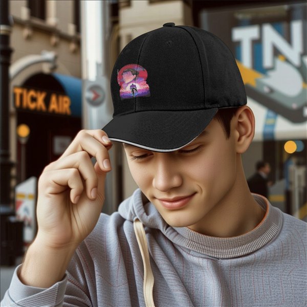 Black Baseball Cap With Anime Sunset Silhouette Graphic
