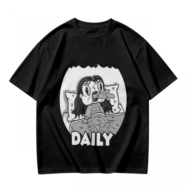 Olive green graphic t-shirt with bedridden cartoon girl and 'DAILY' text