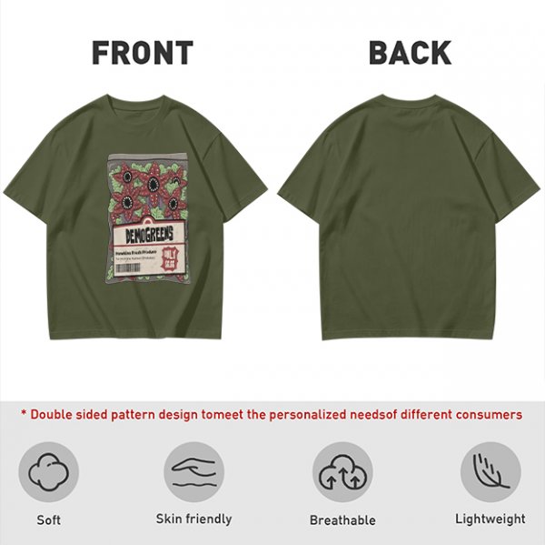Olive Green T-Shirt With Demogorgon Vegetable Packet Print
