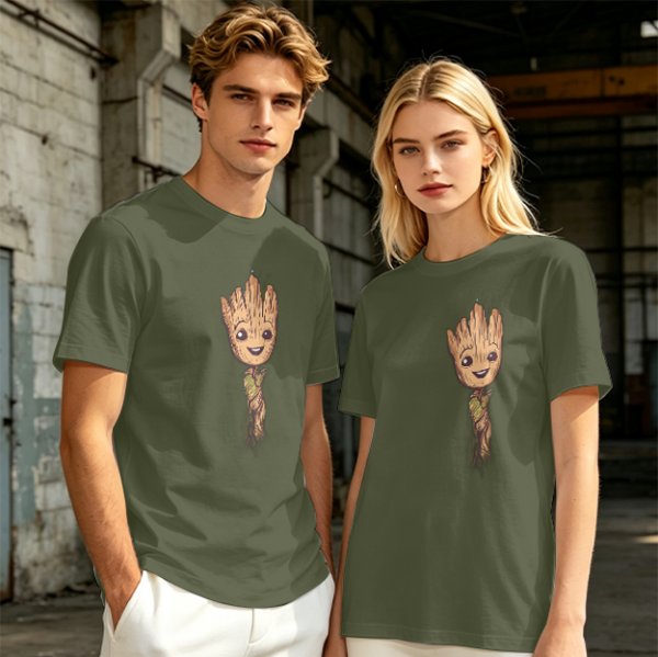 Olive Green T-Shirt with Smiling Baby Groot Graphic