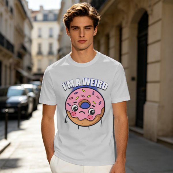 Olive green t-shirt with sad donut graphic and 'I'M A WEIRD' text