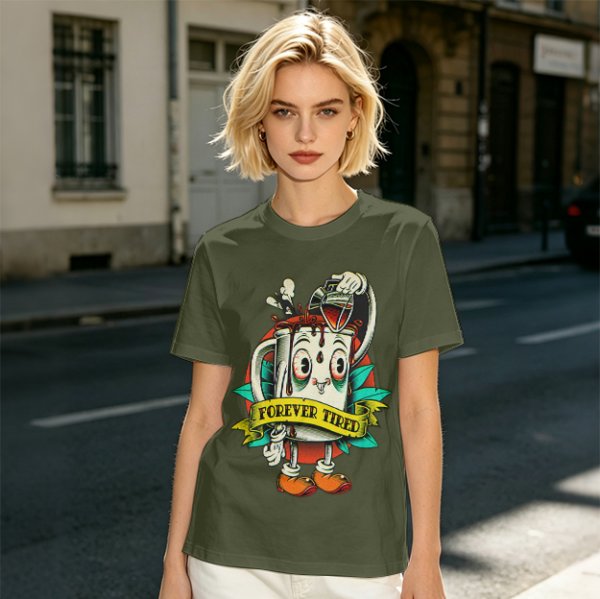 Forever Tired Coffee Mug Cartoon Character T-Shirt Design
