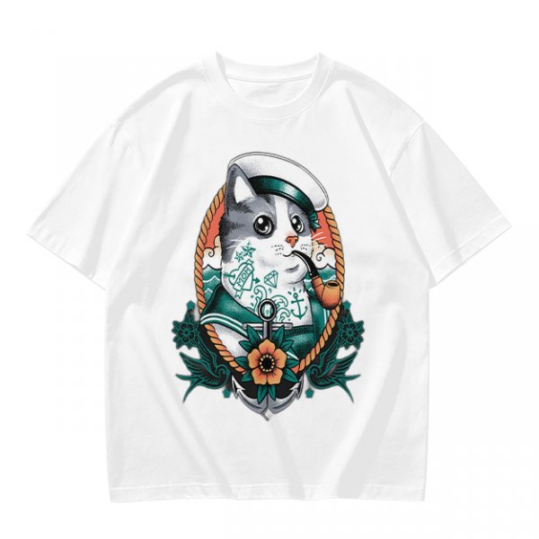 Olive T-Shirt With Sailor Cat Tattooed Pipe Design