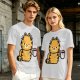 Olive T-Shirt With Grumpy Orange Cat Holding Hot Coffee Print