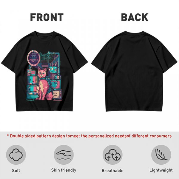 Olive T-Shirt with Cyberpunk Pink Cat and Robotic Tech Print