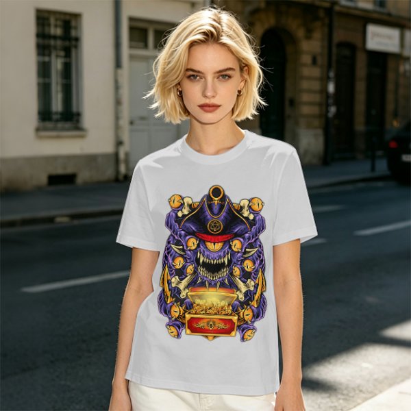 Olive T-Shirt With Pirate Beholder Monster And Treasure Chest Art